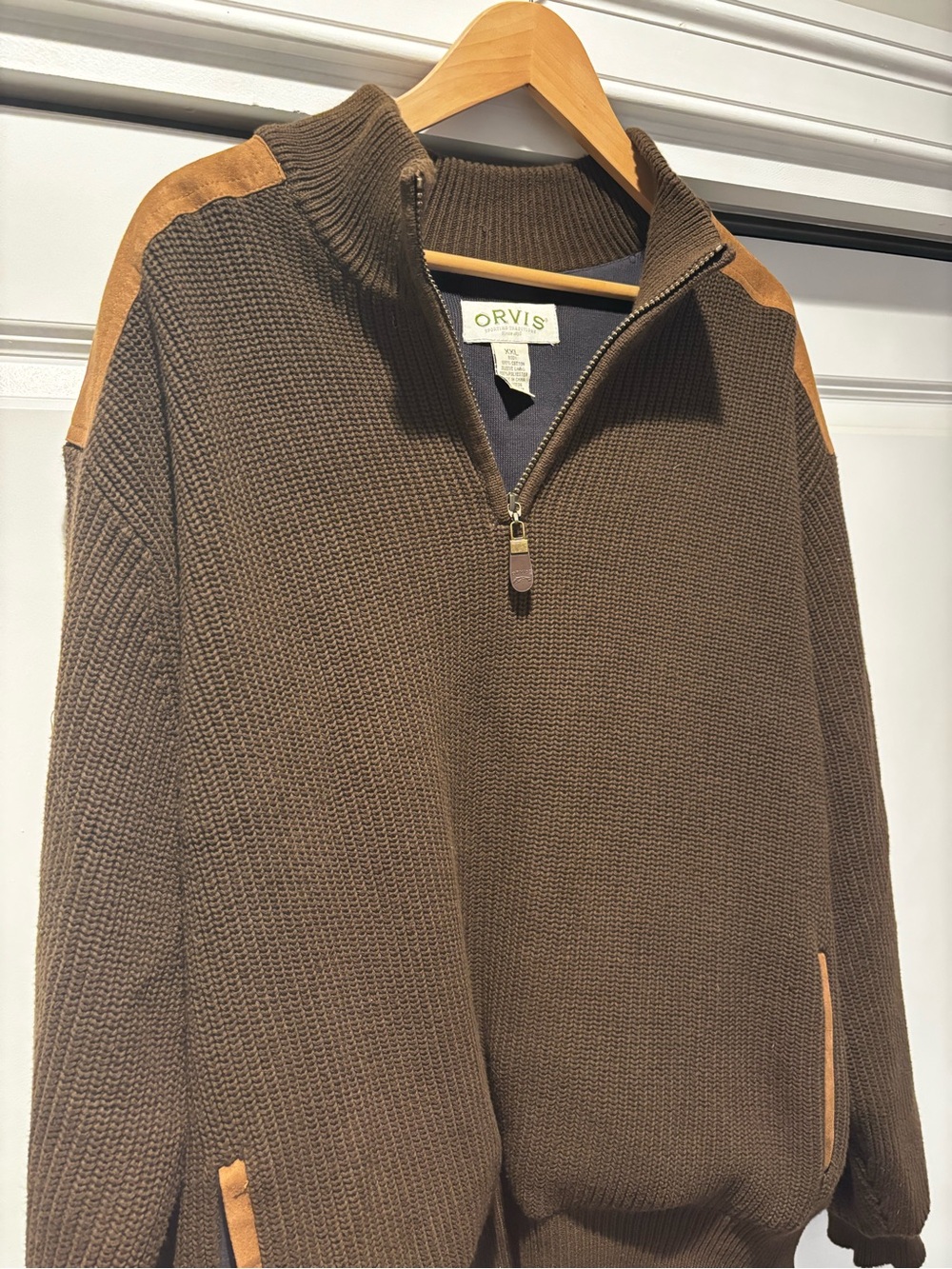 Orvis Men's Brown Knit Half-Zip Sweater with Tan Suede Accents